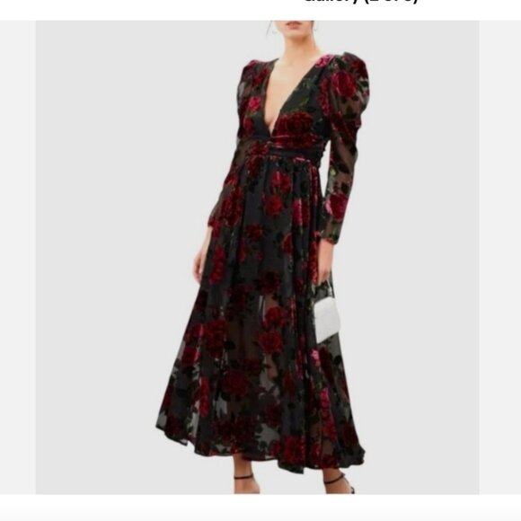 Rachel Parcell Burnout Velvet Maxi Dress V-Neck Gown Black Red Size 0 *READ FLAW - Picture 1 of 8